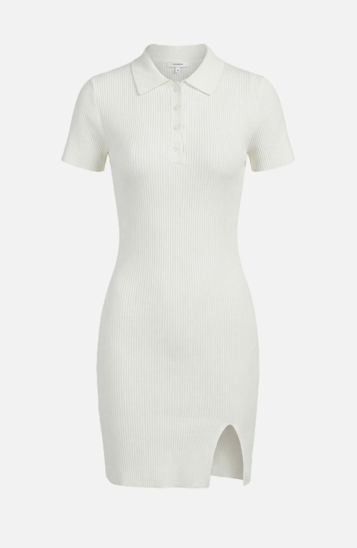 Womens Ribbed Polo Mini Dress Slim Fit Button Front Side Slit