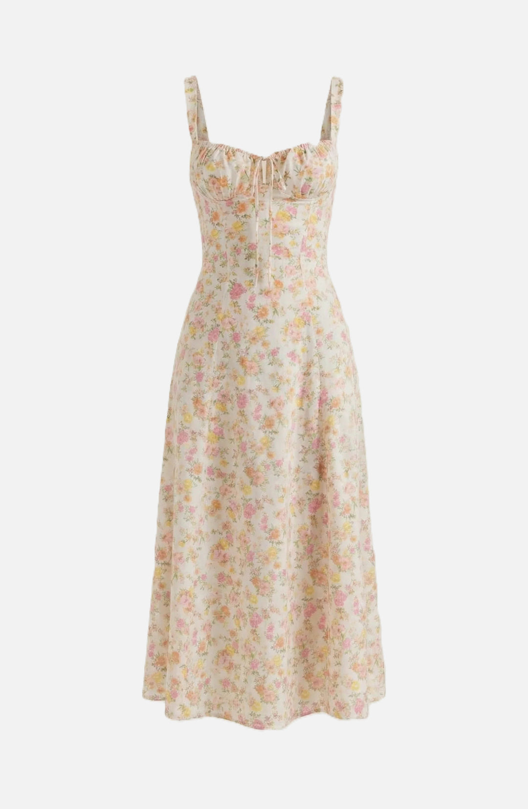 Womens Midi Sundress Ruched Bust Tie Front A-Line Skirt