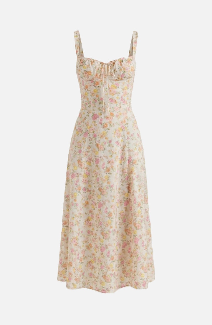 Womens Midi Sundress Ruched Bust Tie Front A-Line Skirt