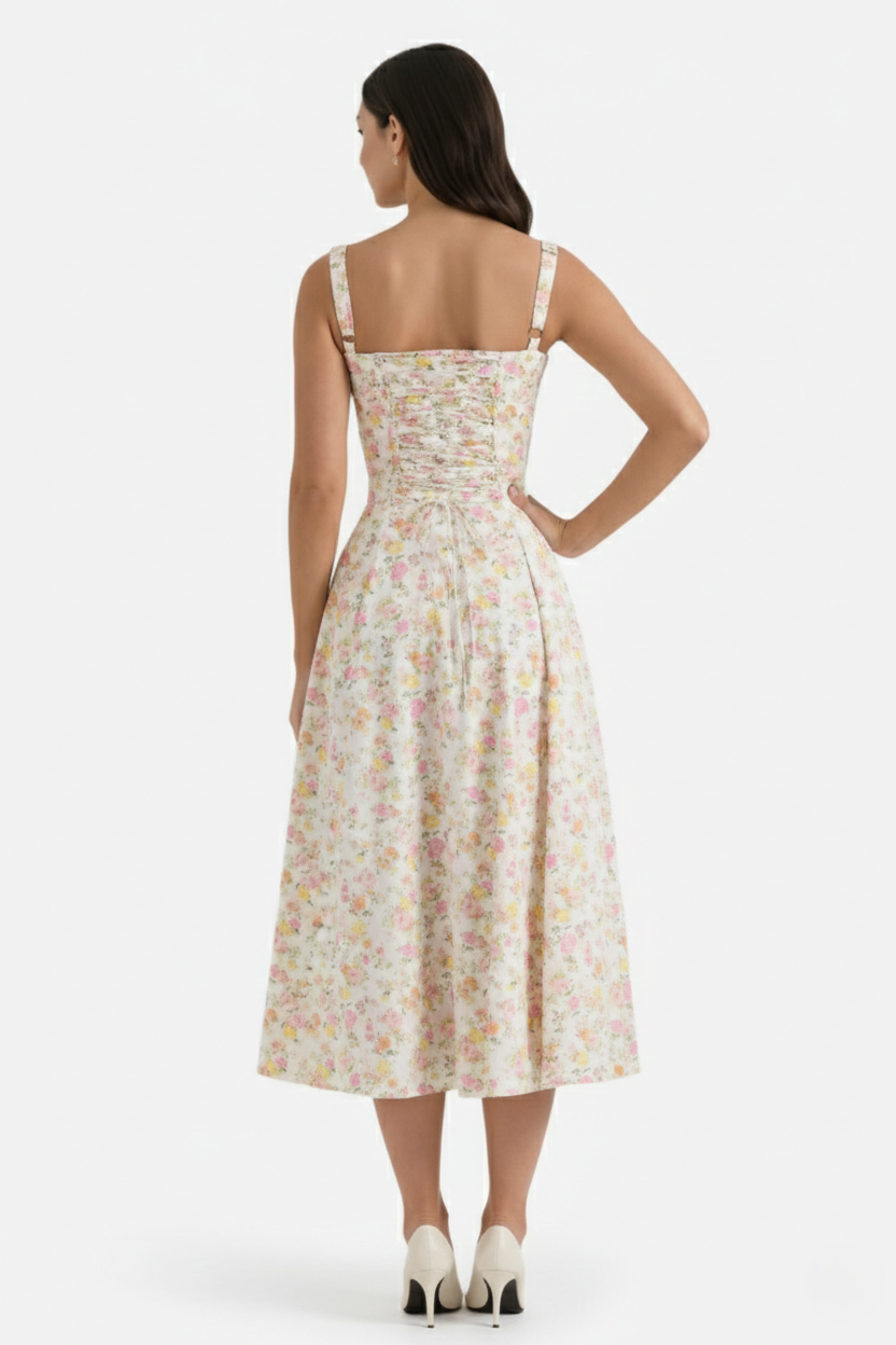Womens Midi Sundress Ruched Bust Tie Front A-Line Skirt