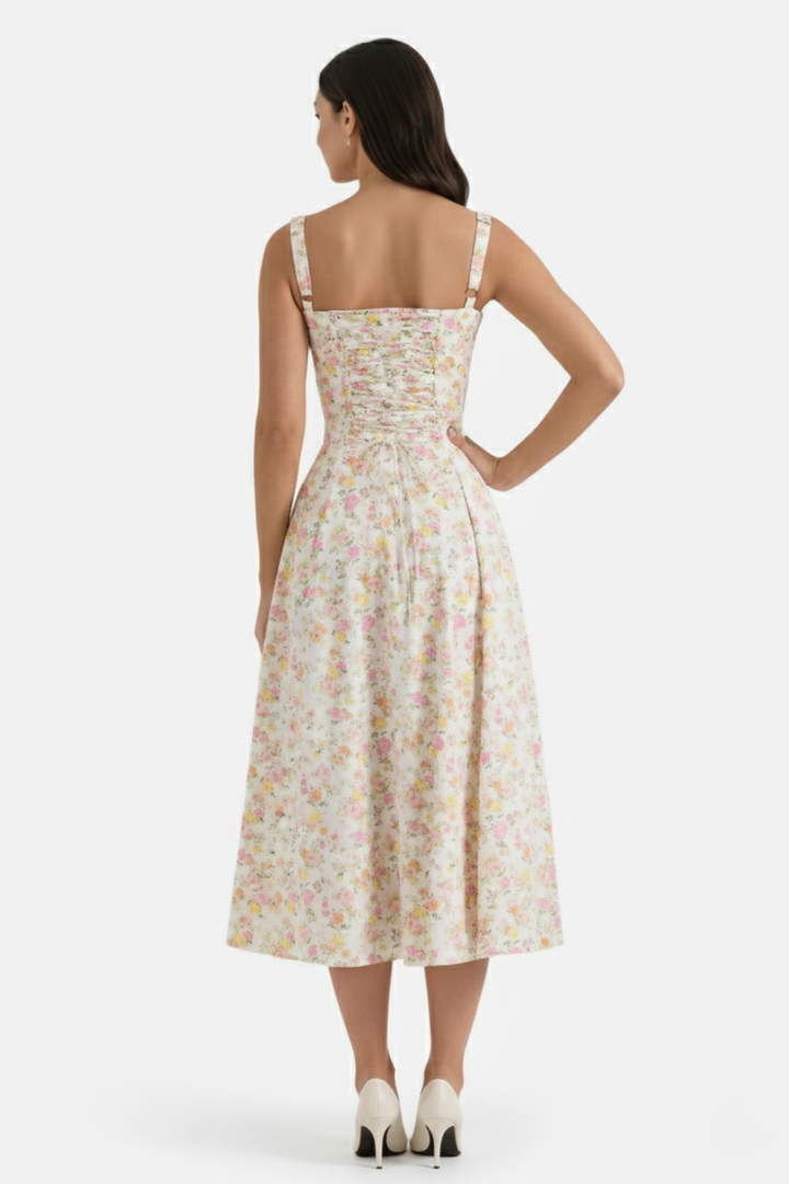 Womens Midi Sundress Ruched Bust Tie Front A-Line Skirt