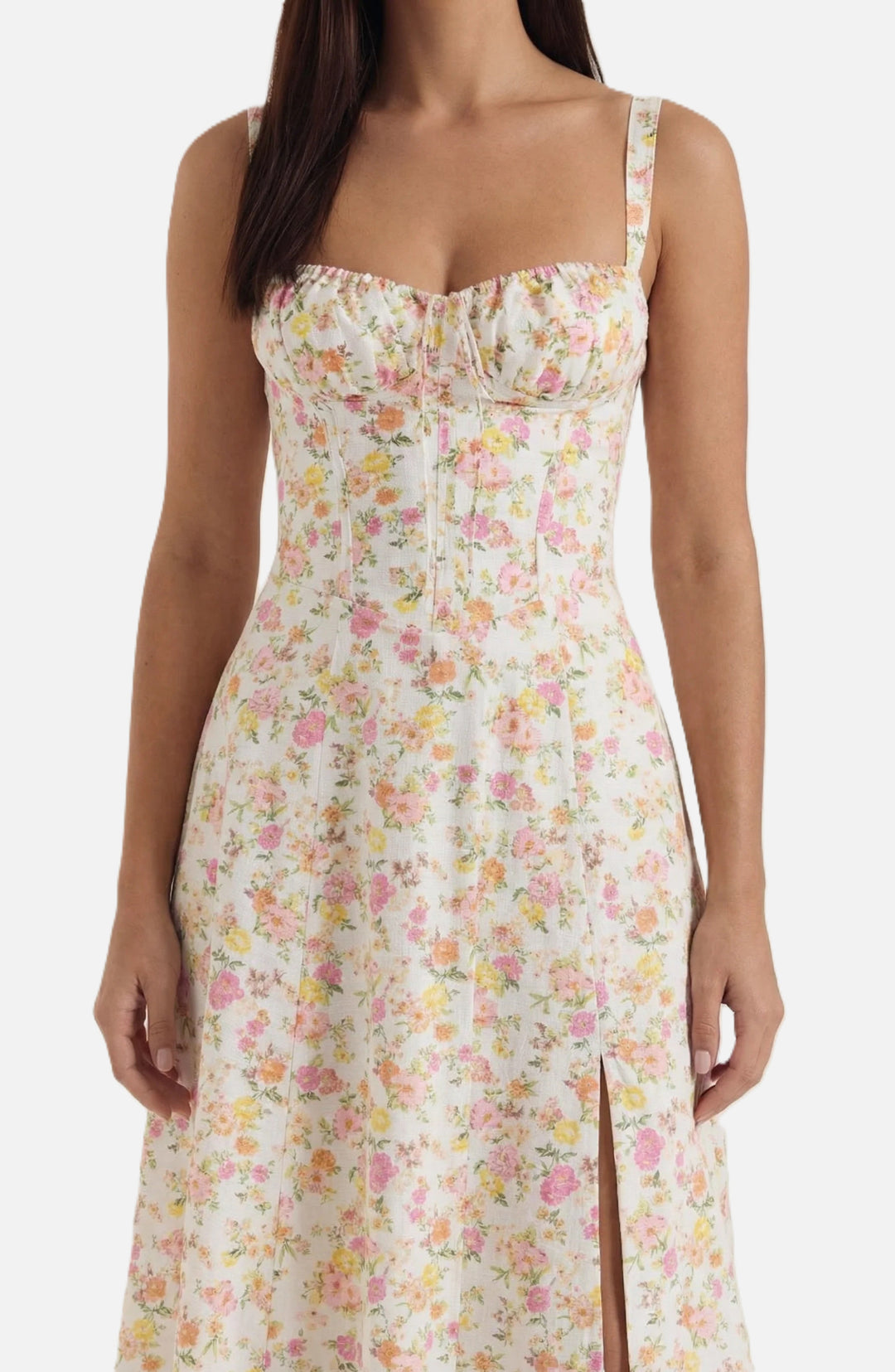 Womens Midi Sundress Ruched Bust Tie Front A-Line Skirt