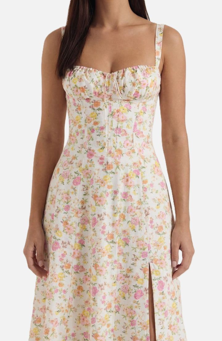 Womens Midi Sundress Ruched Bust Tie Front A-Line Skirt
