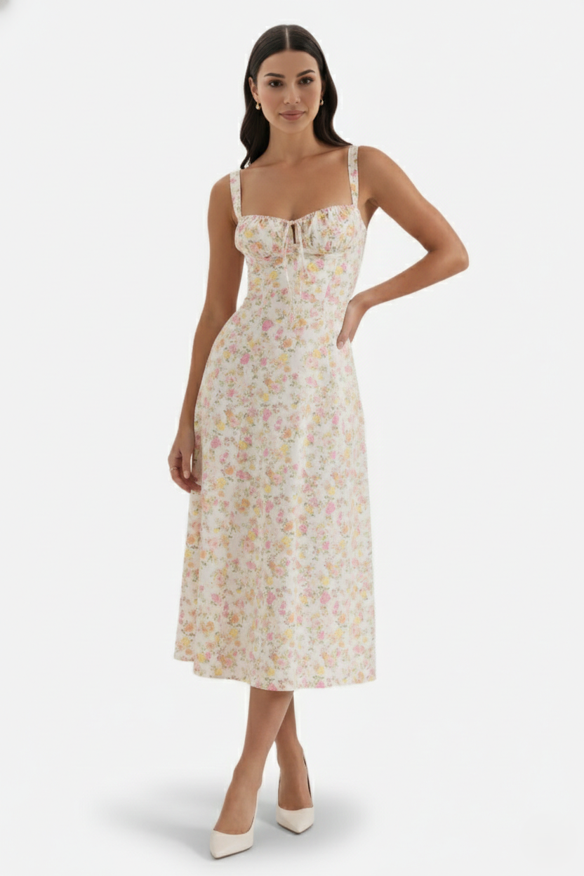 Womens Midi Sundress Ruched Bust Tie Front A-Line Skirt