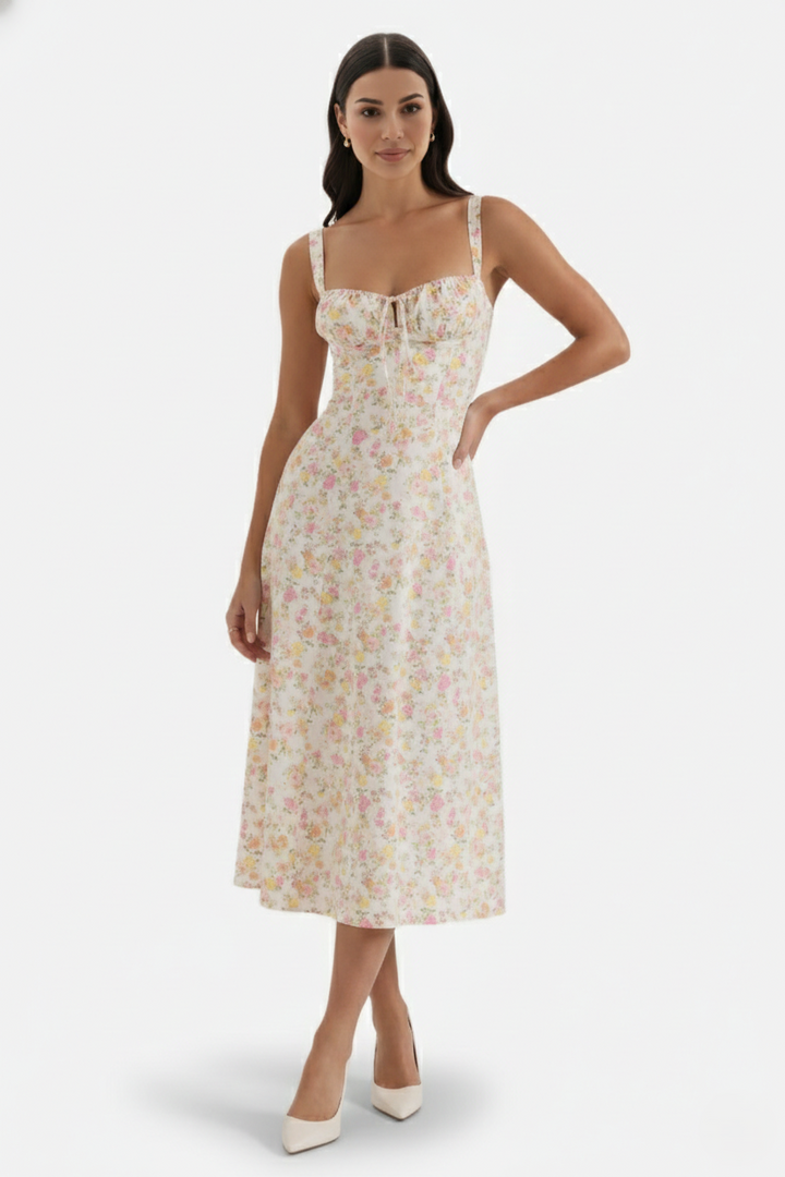 Womens Midi Sundress Ruched Bust Tie Front A-Line Skirt
