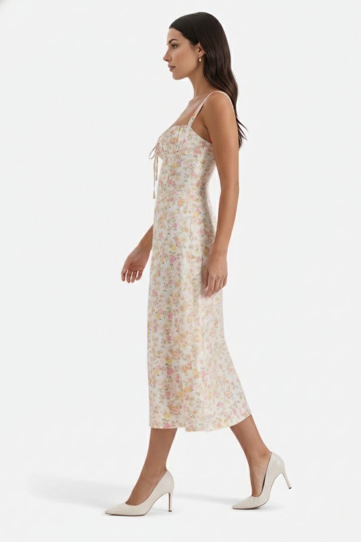 Womens Midi Sundress Ruched Bust Tie Front A-Line Skirt