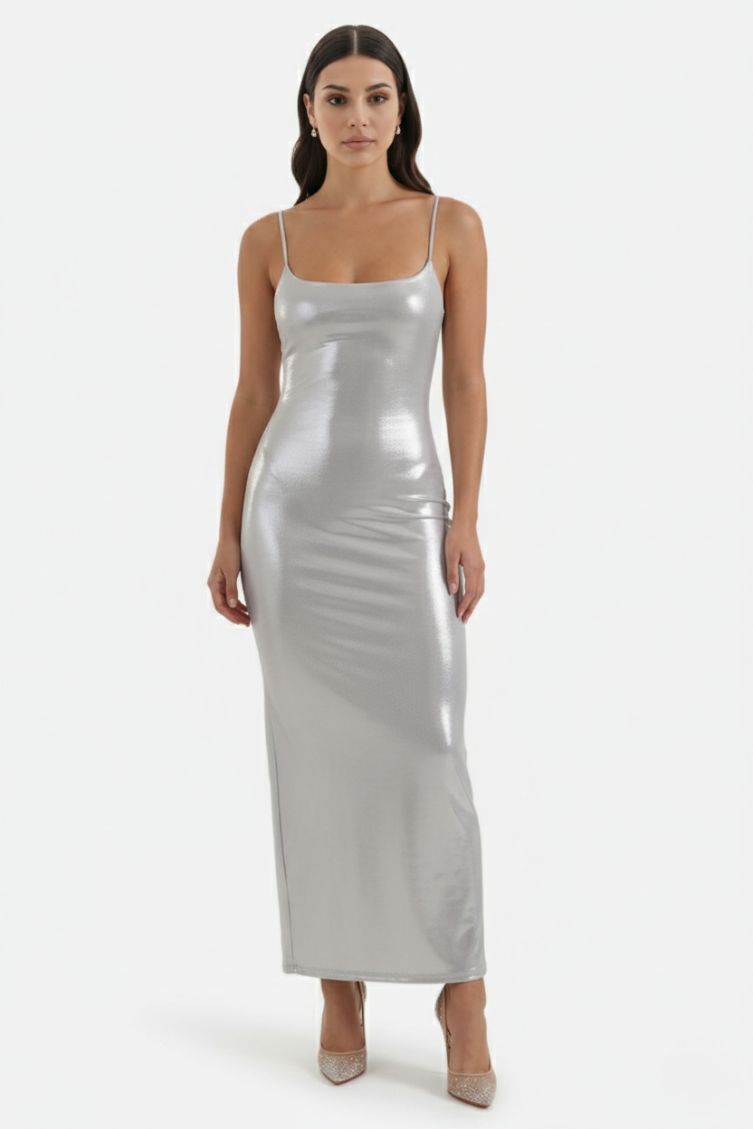 Womens Metallic Bodycon Maxi Dress with Spaghetti Straps - Clovrio