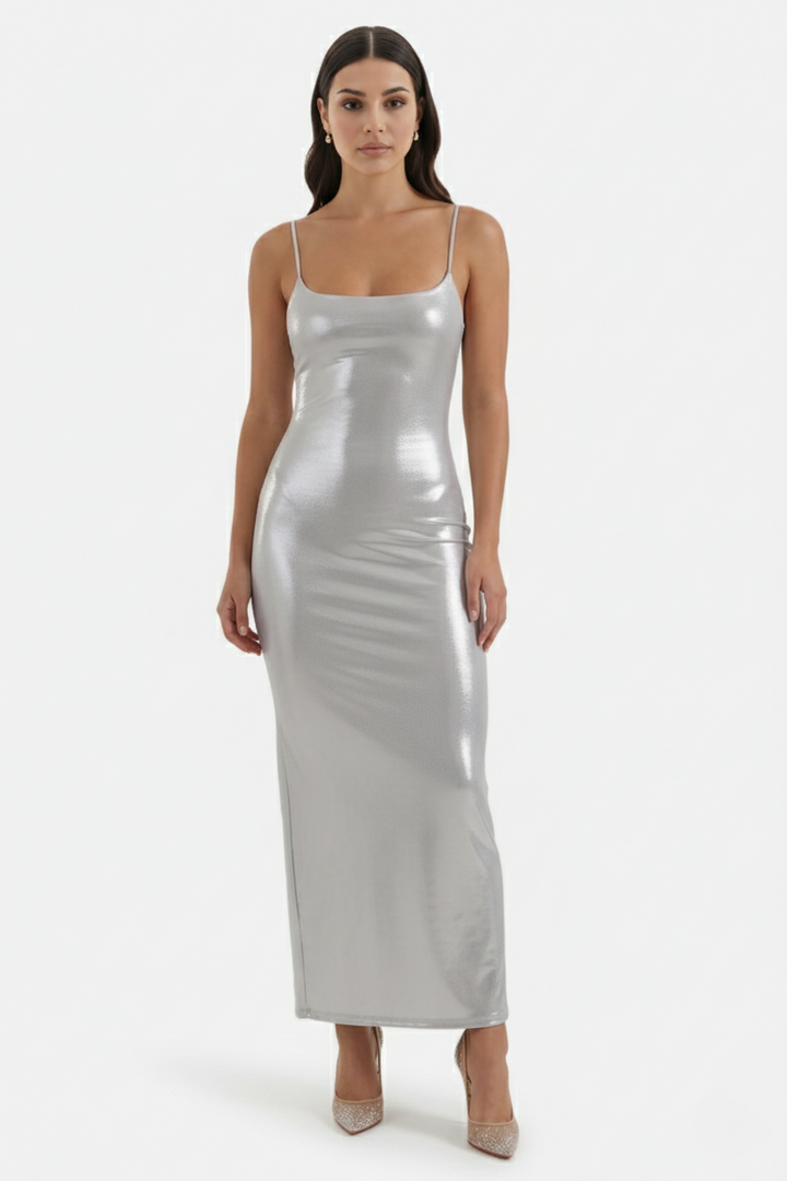Womens Metallic Bodycon Maxi Dress with Spaghetti Straps - Clovrio