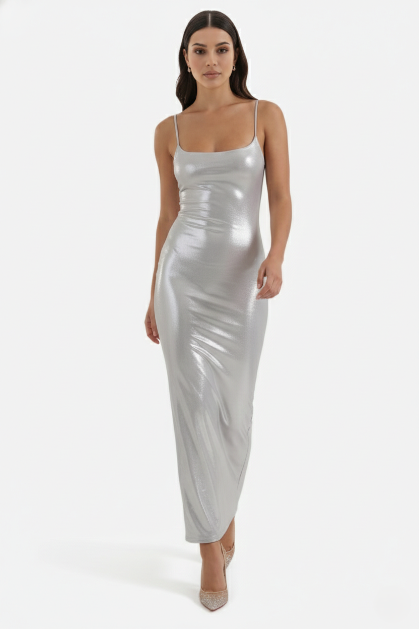 Womens Metallic Bodycon Maxi Dress with Spaghetti Straps