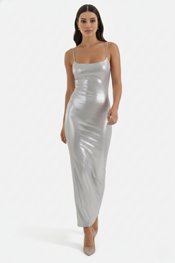 Womens Metallic Bodycon Maxi Dress with Spaghetti Straps