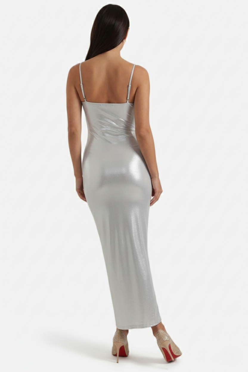 Womens Metallic Bodycon Maxi Dress with Spaghetti Straps