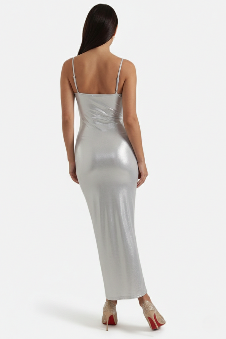 Womens Metallic Bodycon Maxi Dress with Spaghetti Straps
