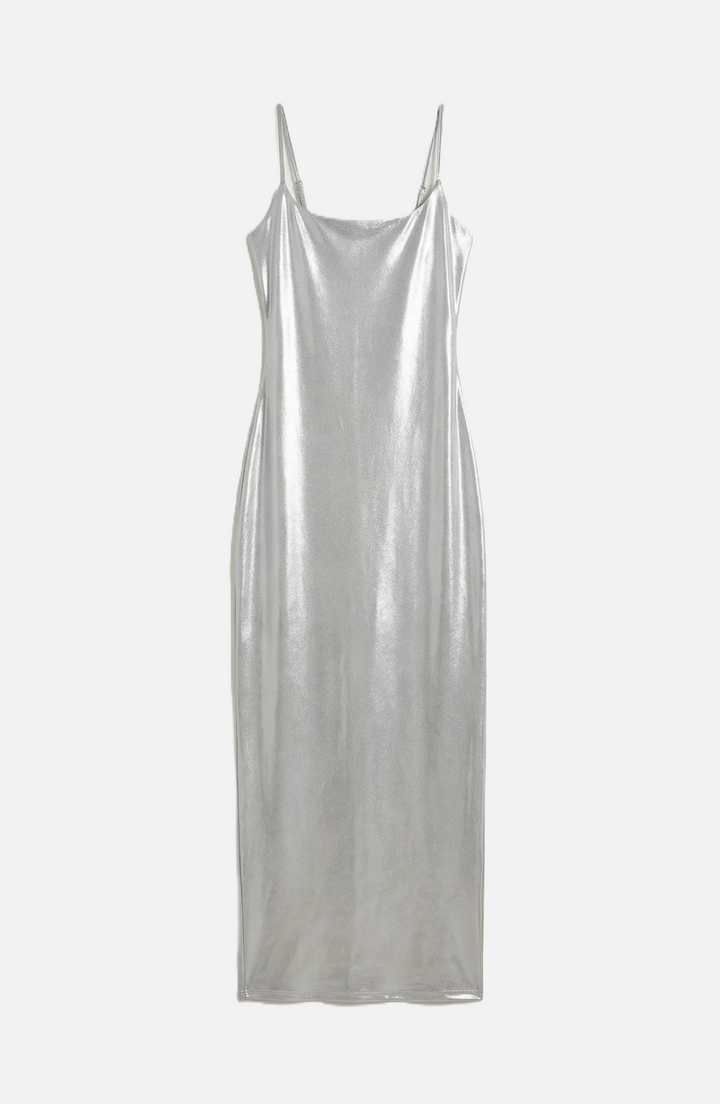 Womens Metallic Bodycon Maxi Dress with Spaghetti Straps