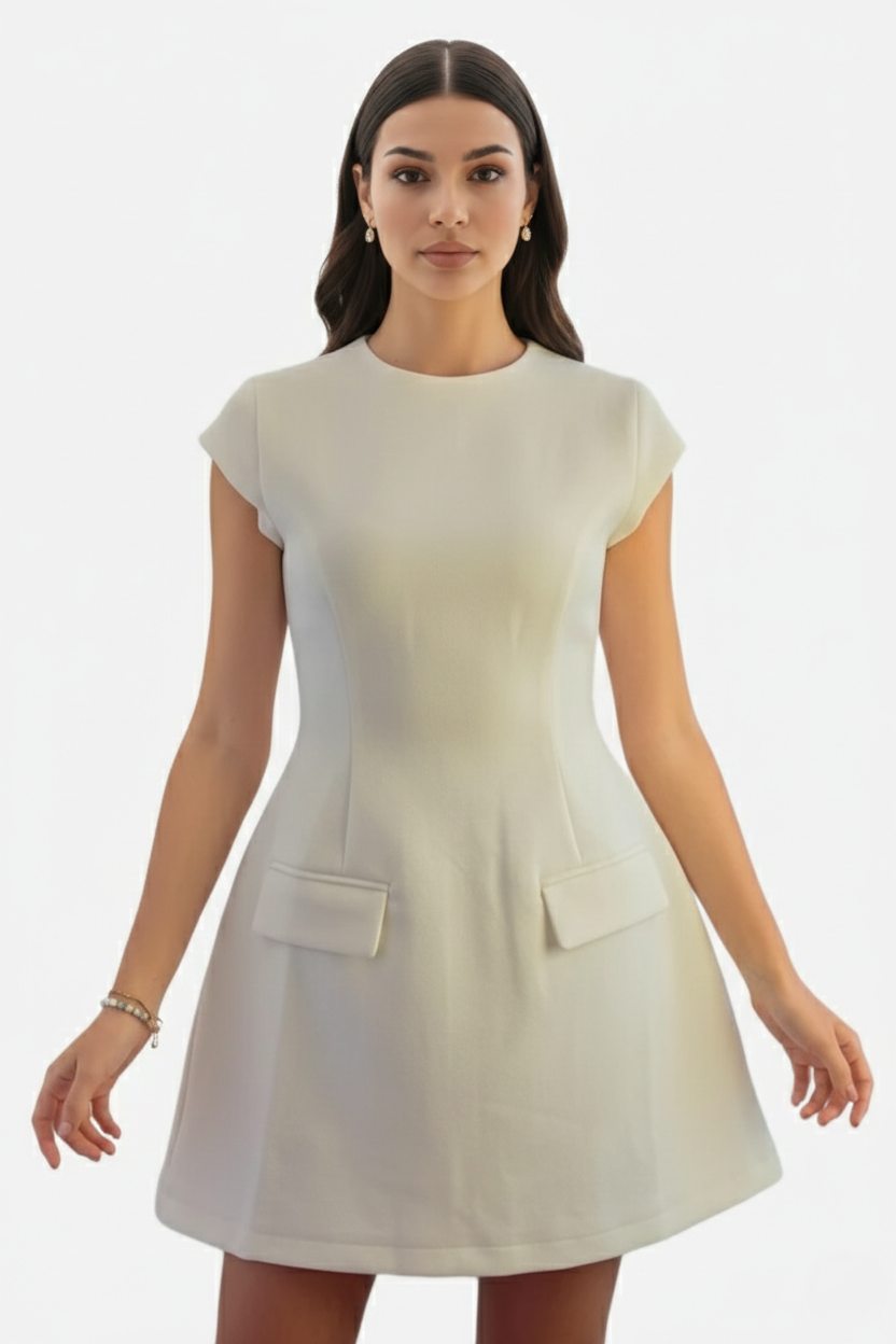 Womens Fit and Flare Mini Dress with Mock Neck and Cap Sleeves