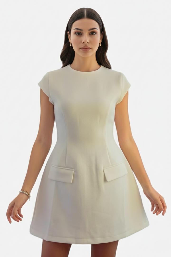 Womens Fit and Flare Mini Dress with Mock Neck and Cap Sleeves