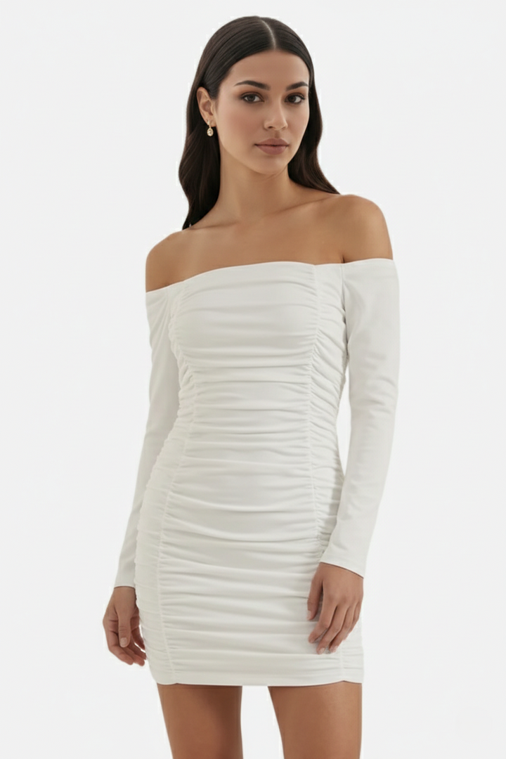 Womens Bodycon Mini Dress Ruched Off-Shoulder Long Sleeve - Clovrio