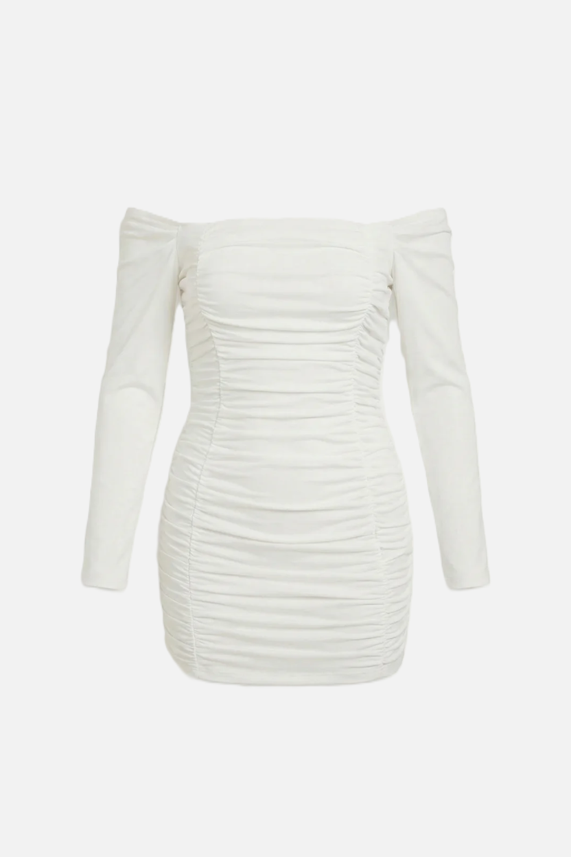 Womens Bodycon Mini Dress Ruched Off-Shoulder Long Sleeve