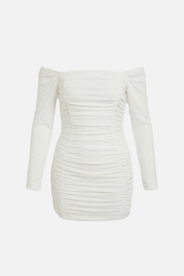 Womens Bodycon Mini Dress Ruched Off-Shoulder Long Sleeve