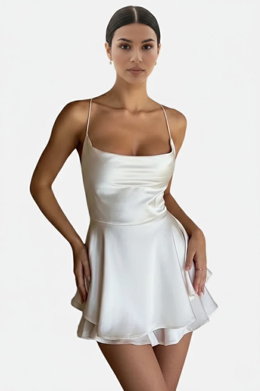 Womens Mini Dress Satin Spaghetti Strap Tiered Lace-Up Back