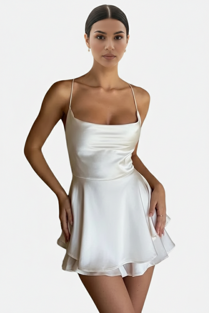Womens Mini Dress Satin Spaghetti Strap Tiered Lace-Up Back