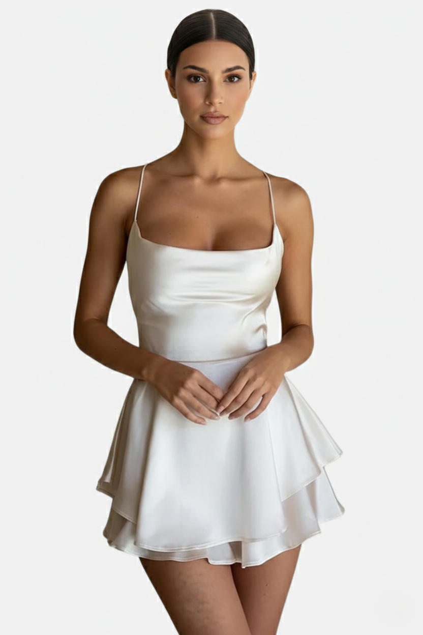 Womens Mini Dress Satin Spaghetti Strap Tiered Lace-Up Back