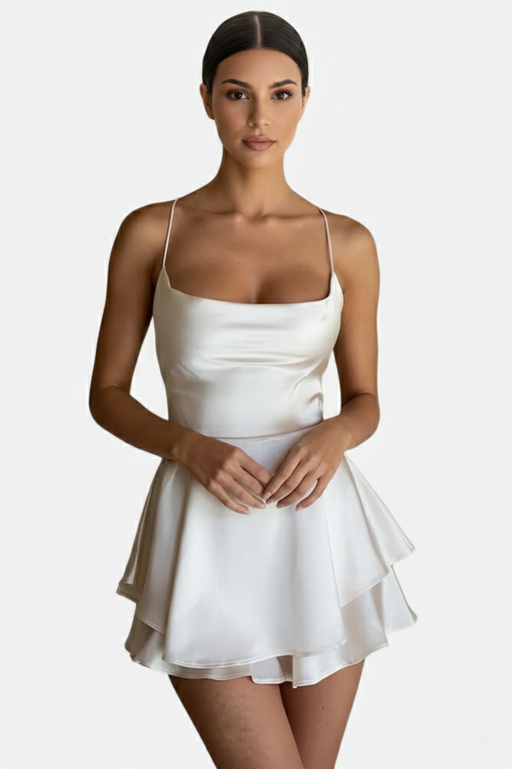 Womens Mini Dress Satin Spaghetti Strap Tiered Lace-Up Back