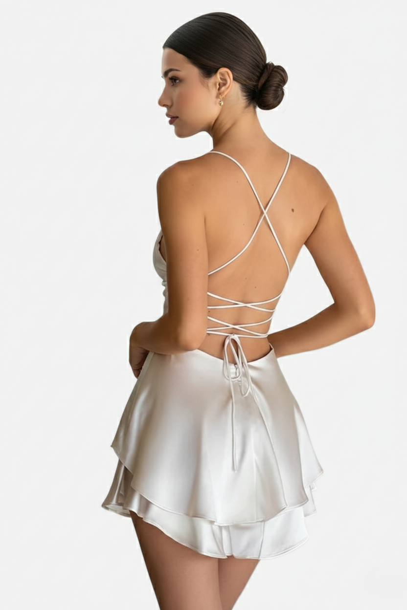 Womens Mini Dress Satin Spaghetti Strap Tiered Lace-Up Back