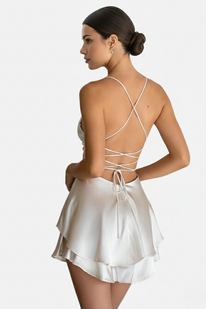 Womens Mini Dress Satin Spaghetti Strap Tiered Lace-Up Back