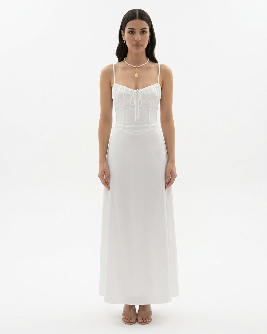 Womens Maxi Dress with Spaghetti Straps Sweetheart Neck Tie Front - Clovrio