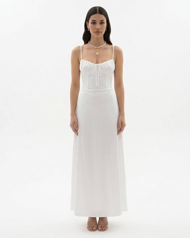 Womens Maxi Dress with Spaghetti Straps Sweetheart Neck Tie Front - Clovrio