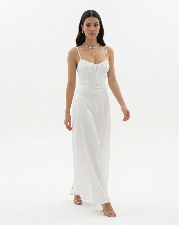 Womens Maxi Dress with Spaghetti Straps Sweetheart Neck Tie Front