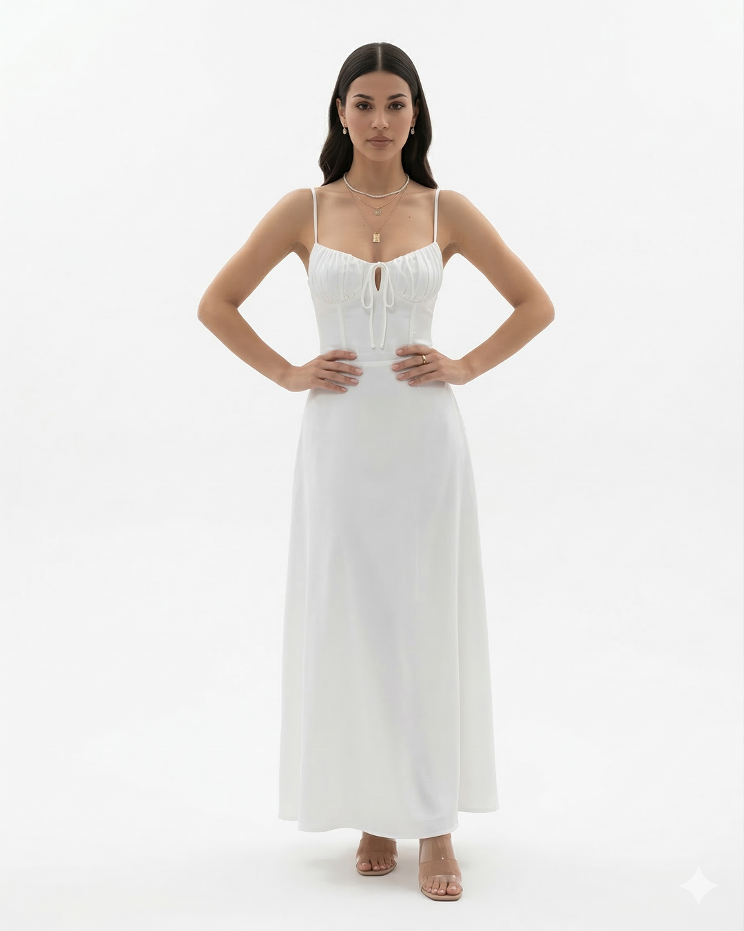 Womens Maxi Dress with Spaghetti Straps Sweetheart Neck Tie Front