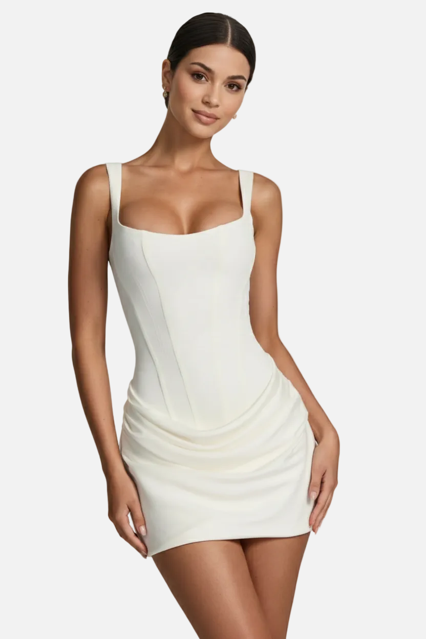 Womens Bodycon Mini Dress Square Neck Ruched Draped Skirt