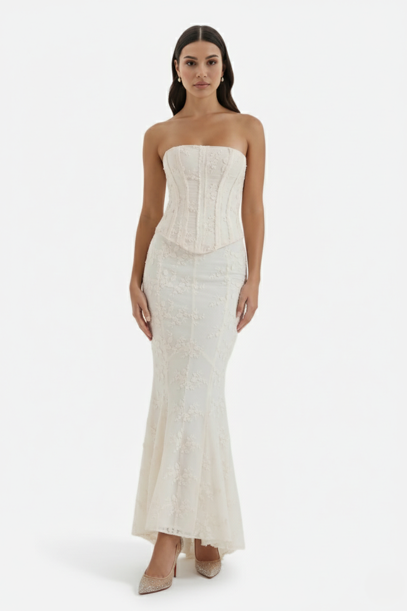 Womens Strapless Corset Top with Embroidered Mermaid Maxi Skirt Set - Clovrio