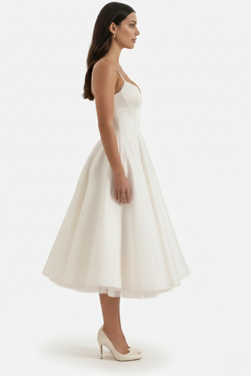 Womens Midi Dress Bustier Sweetheart Neckline Full Circle Tulle Hem