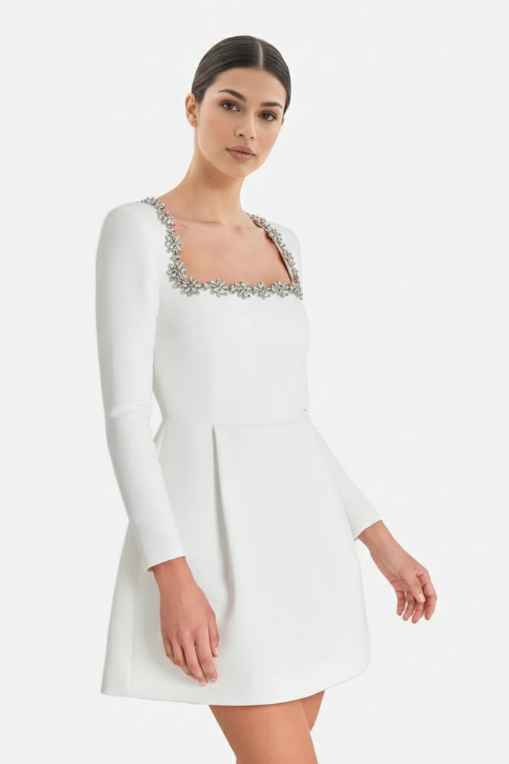 Womens Cocktail Dress Velvet Floral Embellished Long Sleeve
