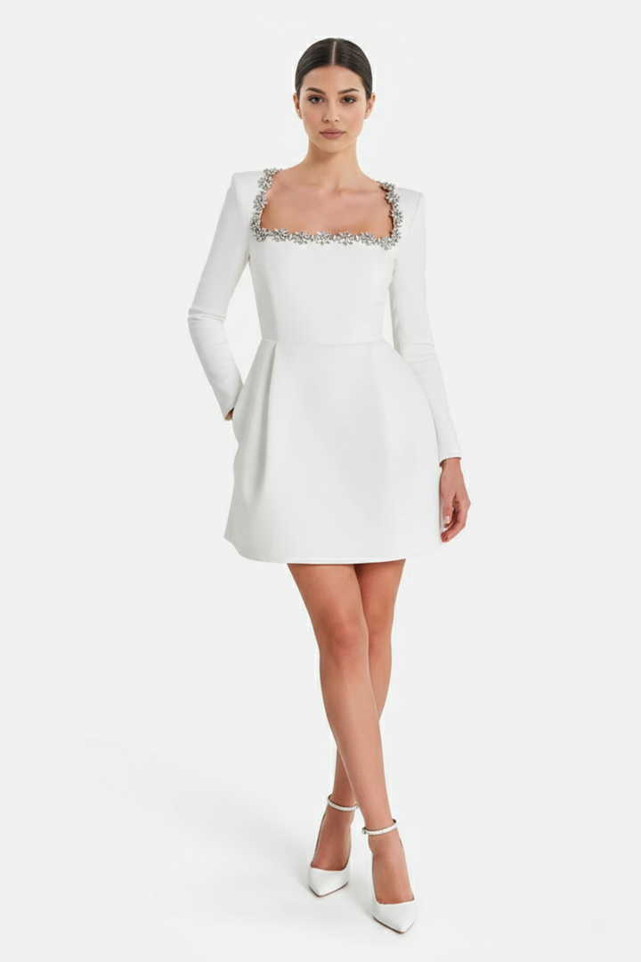 Womens Cocktail Dress Velvet Floral Embellished Long Sleeve