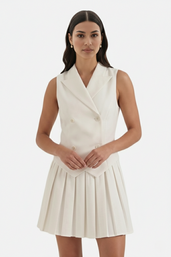 Womens Double-Breasted Waistcoat Dress Pleated Mini - Clovrio
