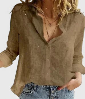 Womens Linen Blouse Button-Down Casual Fit