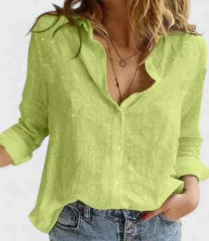 Womens Linen Blouse Button-Down Casual Fit