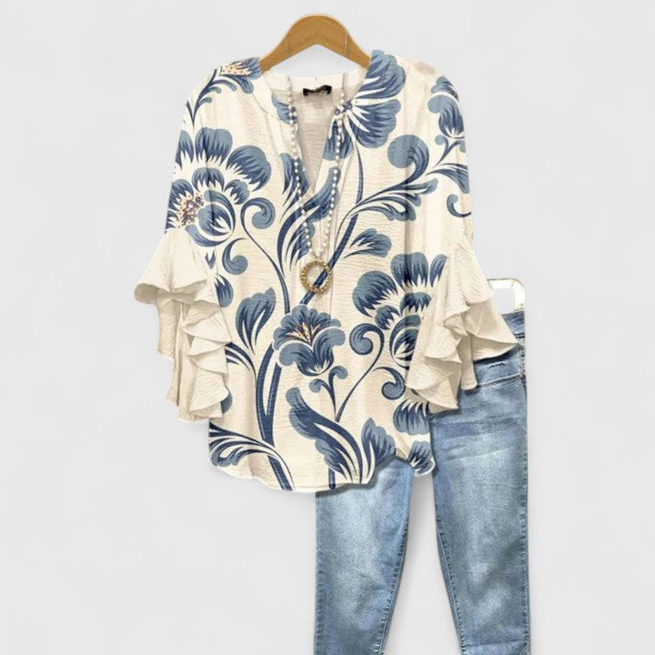 Womens Casual Top with Ruffle Sleeves Patterned - Clovrio