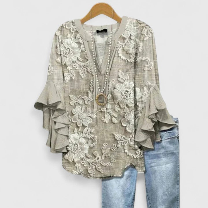 Womens Casual Top with Ruffle Sleeves Patterned
