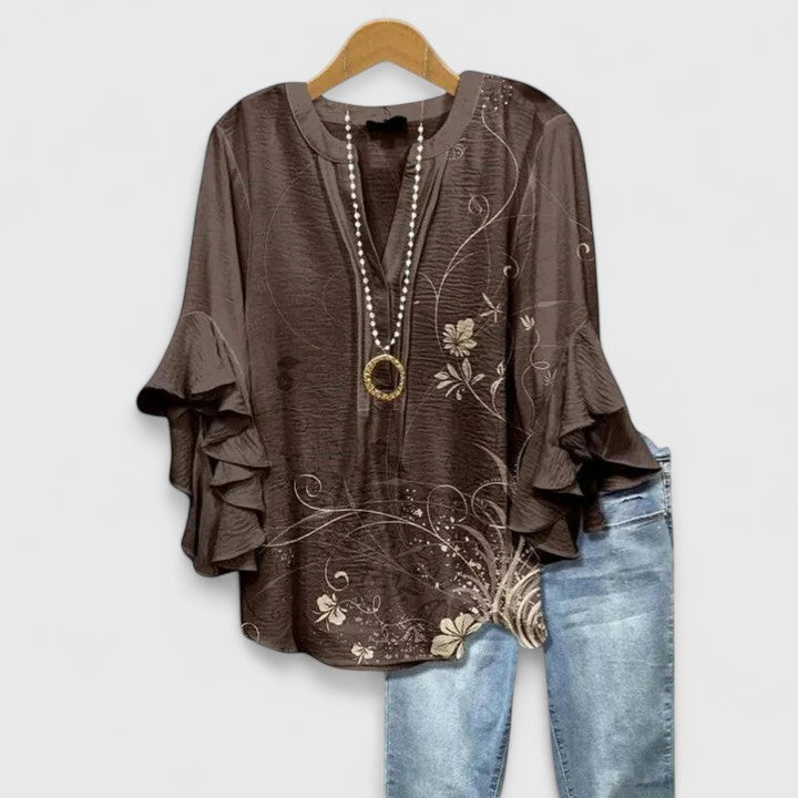 Womens Casual Top with Ruffle Sleeves Patterned