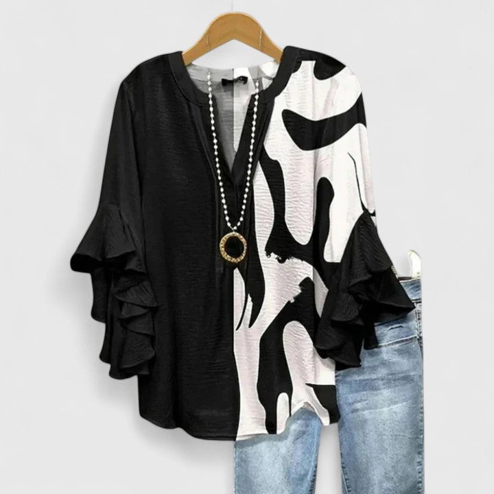 Womens Casual Top with Ruffle Sleeves Patterned