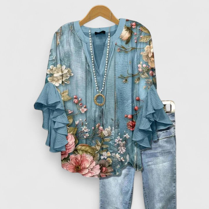 Womens Casual Top with Ruffle Sleeves Patterned