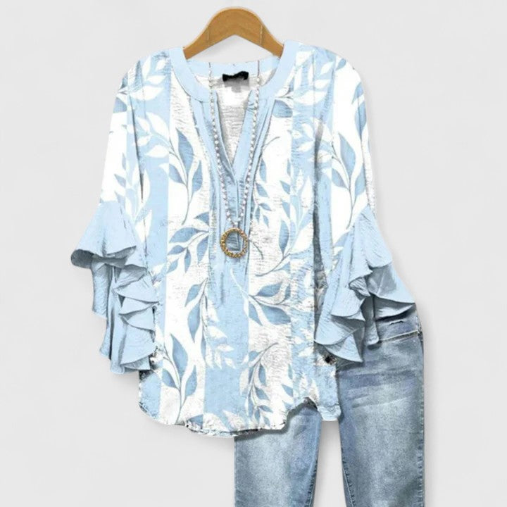 Womens Casual Top with Ruffle Sleeves Patterned