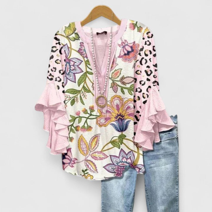 Womens Casual Top with Ruffle Sleeves Patterned