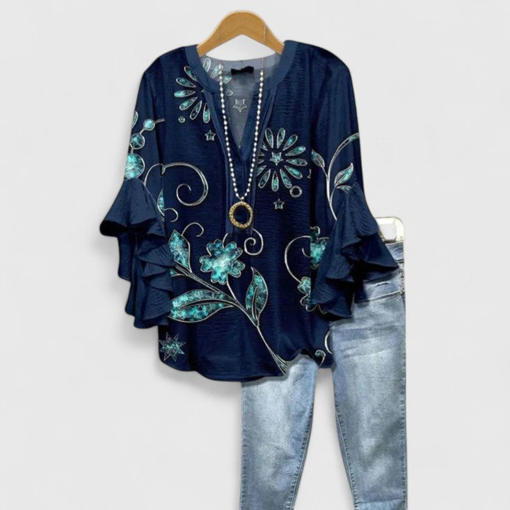Womens Casual Top with Ruffle Sleeves Patterned
