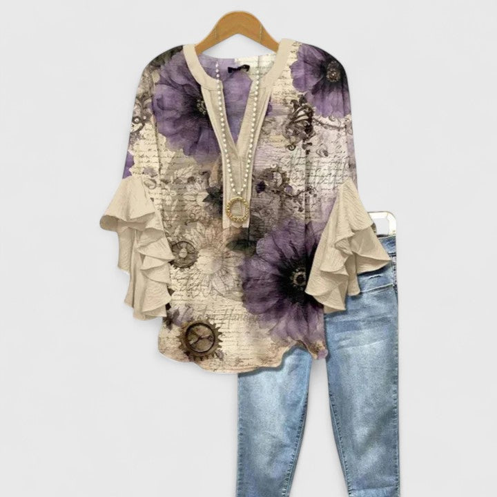 Womens Casual Top with Ruffle Sleeves Patterned