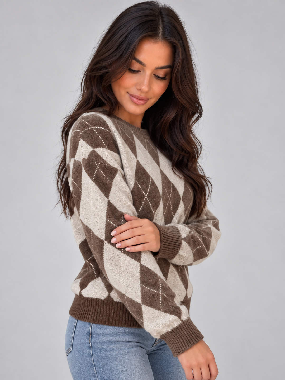 Women's Classic Knit Crew Neck Argyle Jumper